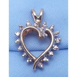 Unique 14K Karat Solid Yellow Gold Designer Diamond Open Heart Charm Pendant